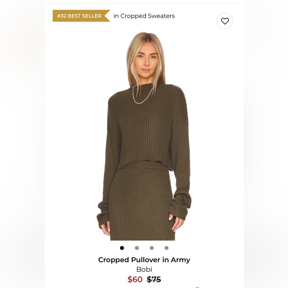 Bobi Army Green Cropped Pullover Sweater Size S Ribbed Knit